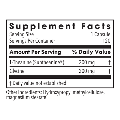 Supplement Facts panel for L-Theanine 200 mg showing serving size and ingredients