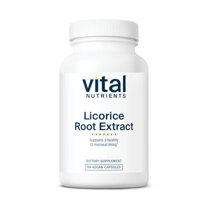 A white bottle of "Vital Nutrients" Licorice Root Extract, containing 90 vegan capsules, labeled as a dietary supplement.