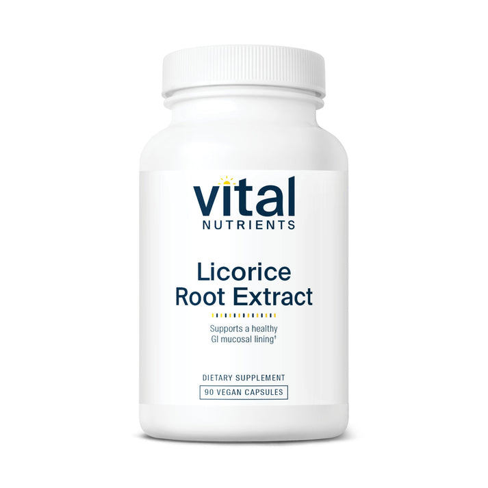 A white bottle of "Vital Nutrients" Licorice Root Extract, containing 90 vegan capsules, labeled as a dietary supplement.