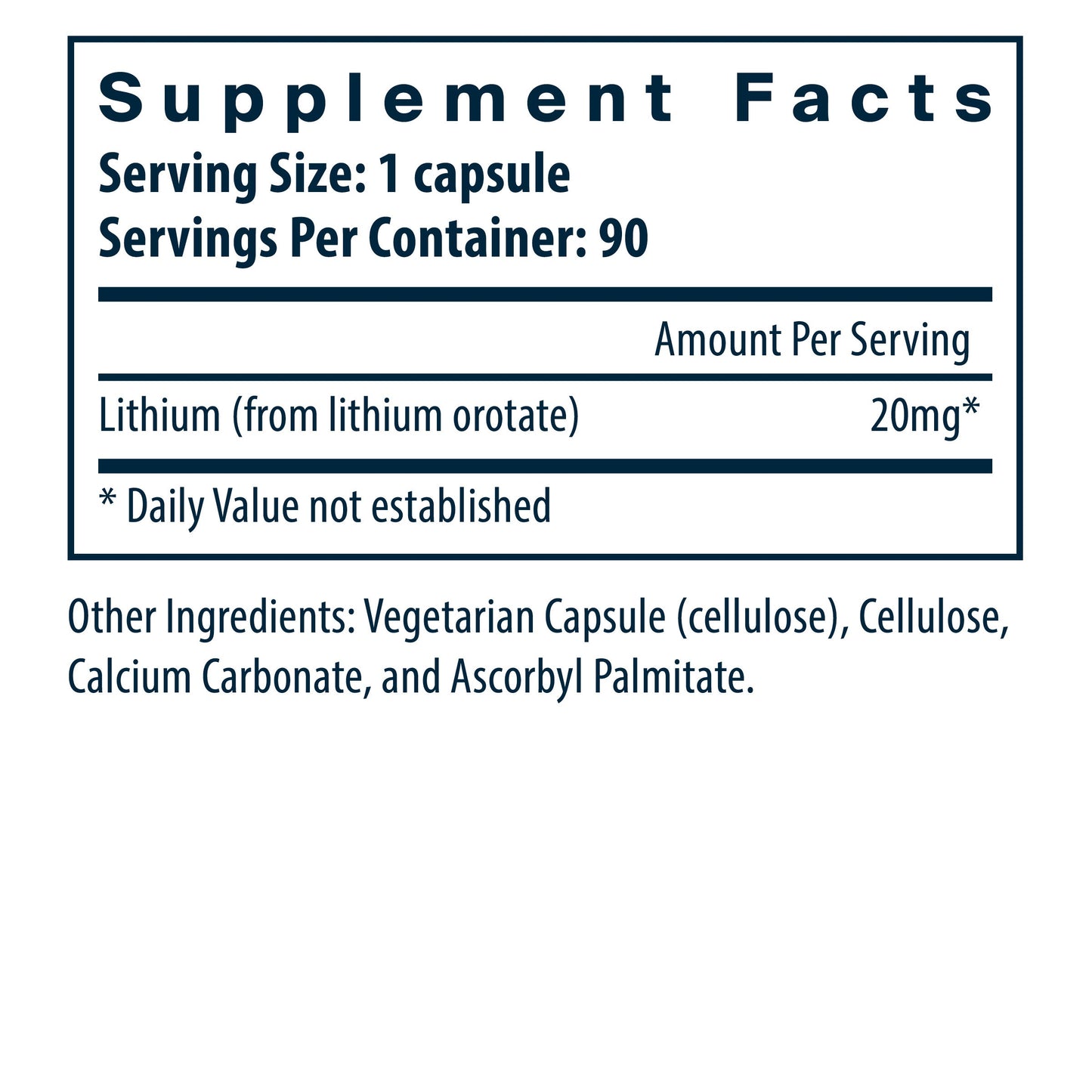 Vital Nutrients Lithium 20mg/serving dietary supplement facts.