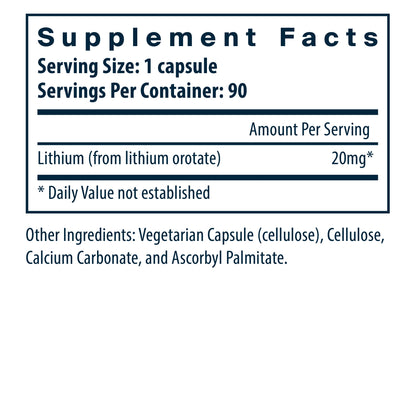 Vital Nutrients Lithium 20mg/serving dietary supplement facts.