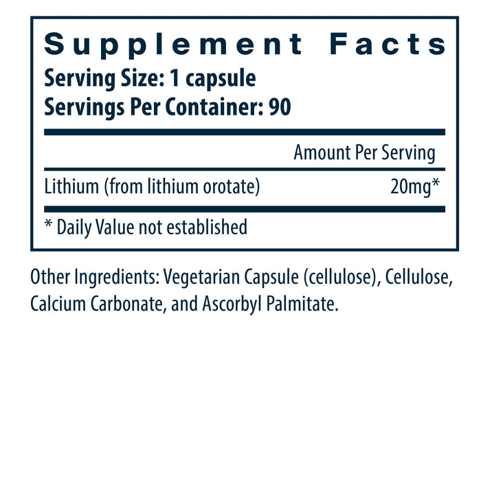 Vital Nutrients Lithium 20mg/serving dietary supplement facts.