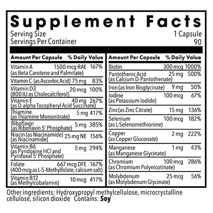 Supplement Facts panel for Metabolic Maintenance Little One multivitamin showing vitamin and mineral amounts per capsule