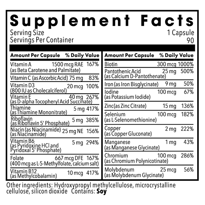 Supplement Facts panel for Metabolic Maintenance Little One multivitamin showing vitamin and mineral amounts per capsule