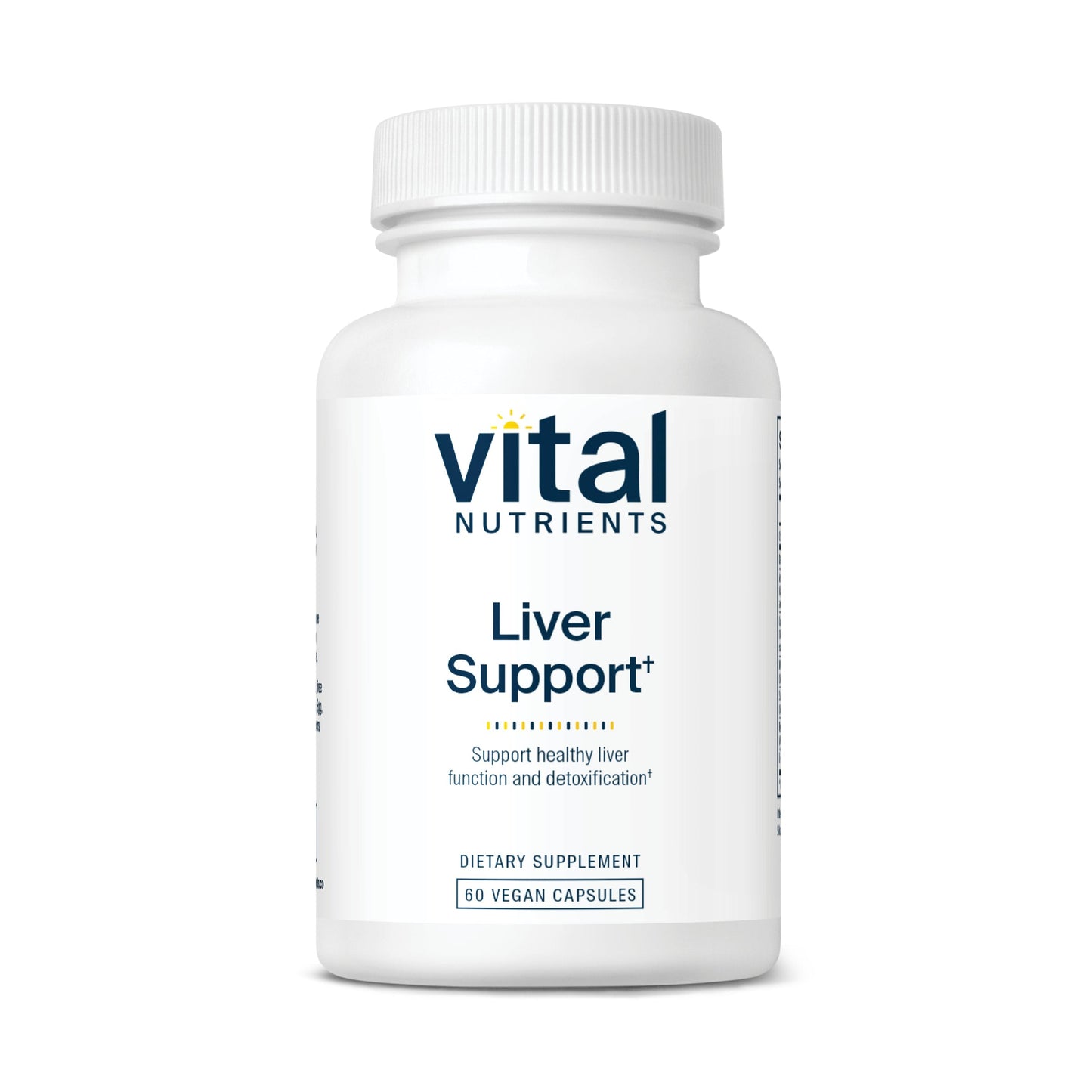 A white bottle labeled "Vital Nutrients Liver Support" with 60 vegan capsules, promoting healthy liver function and detoxification.