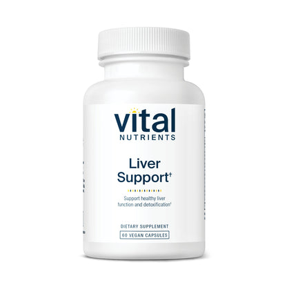 A white bottle labeled "Vital Nutrients Liver Support" with 60 vegan capsules, promoting healthy liver function and detoxification.