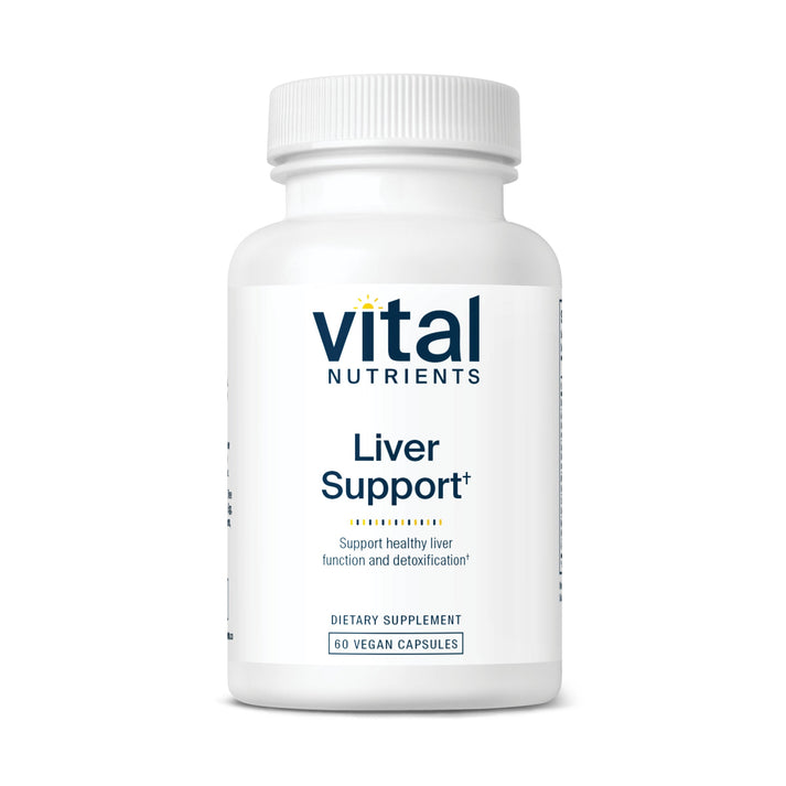 A white bottle labeled "Vital Nutrients Liver Support" with 60 vegan capsules, promoting healthy liver function and detoxification.