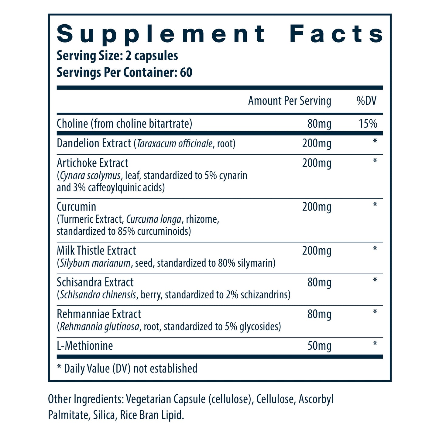 Supplement facts for a dietary product, listing ingredients, amounts per serving, and daily value percentages. Contains various herbal extracts and L-Methionine.