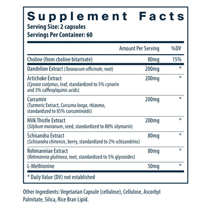 Supplement facts for a dietary product, listing ingredients, amounts per serving, and daily value percentages. Contains various herbal extracts and L-Methionine.