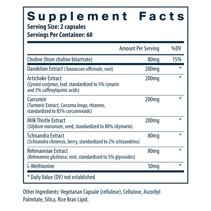 Supplement facts for a dietary product, listing ingredients, amounts per serving, and daily value percentages. Contains various herbal extracts and L-Methionine.
