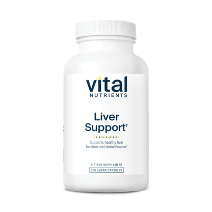 A white bottle labeled "Vital Nutrients Liver Support," containing 120 vegan capsules, promoting liver health and detoxification.