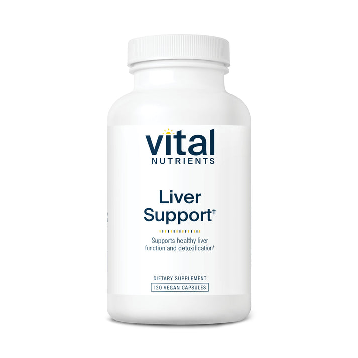 A white bottle labeled "Vital Nutrients Liver Support," containing 120 vegan capsules, promoting liver health and detoxification.