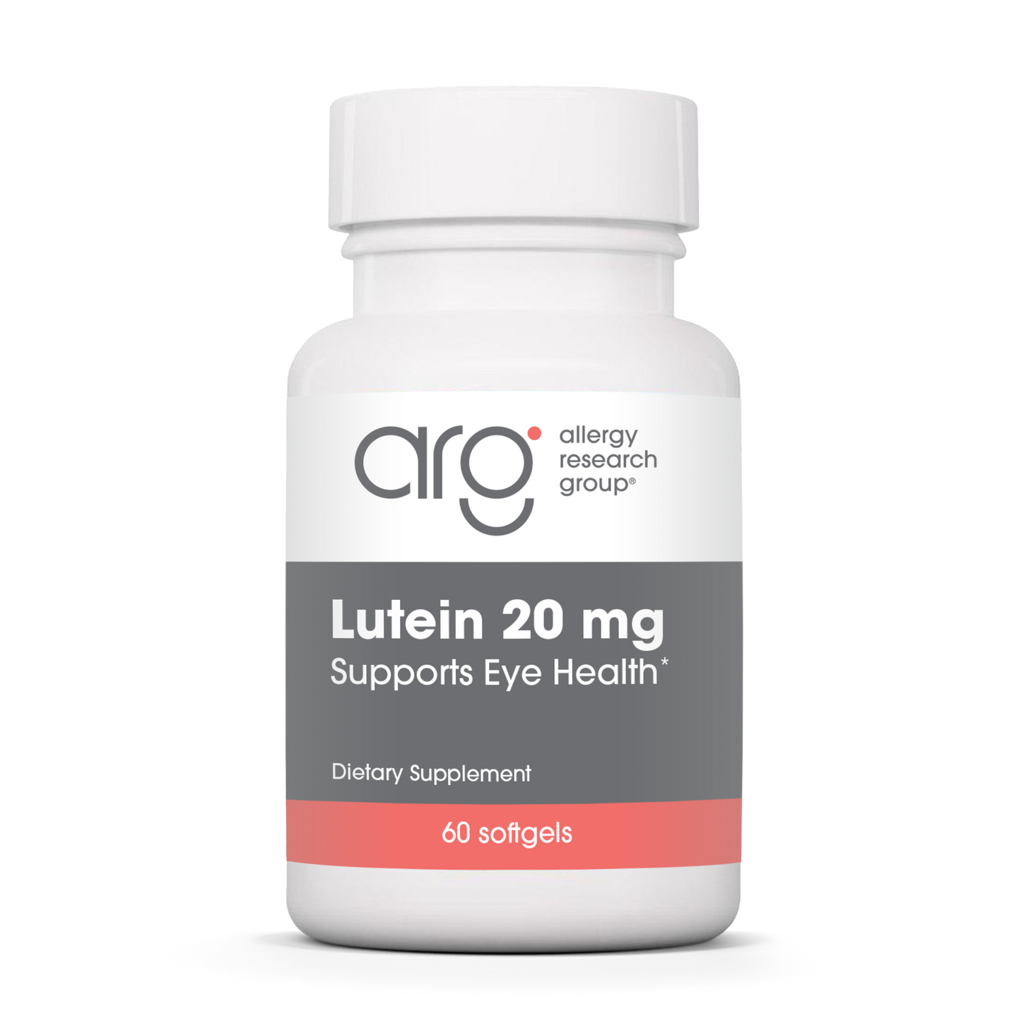 Allergy Research Group Lutein 20 mg softgels bottle for eye health, macular support, and antioxidant protection