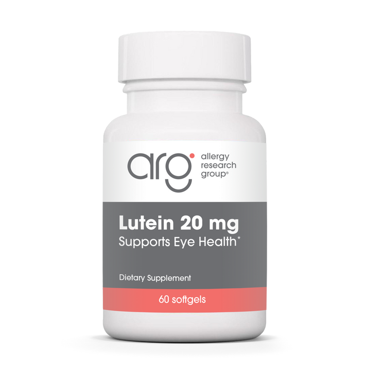 Allergy Research Group Lutein 20 mg softgels bottle for eye health, macular support, and antioxidant protection