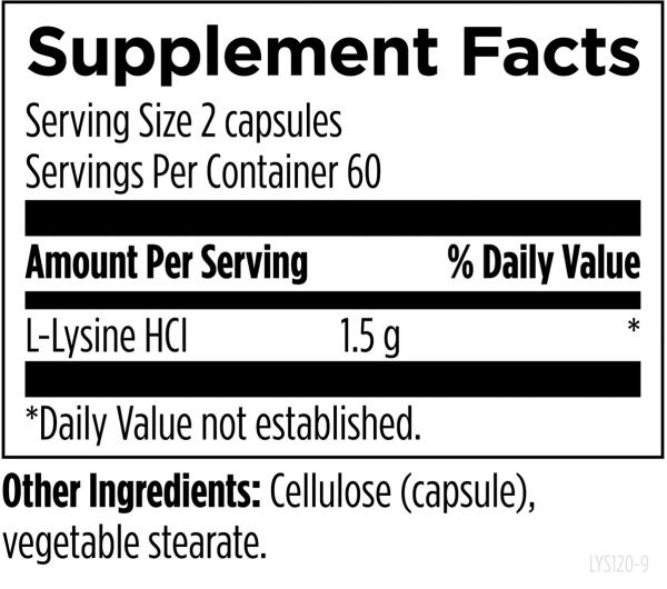 L-Lysine 120 capsules supplement facts image