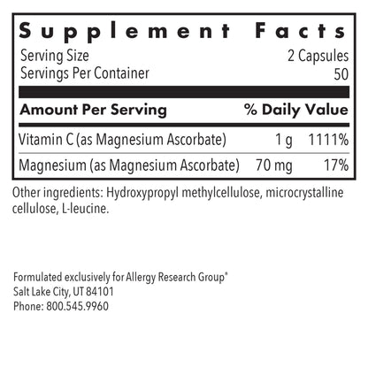 Magnesium Ascorbate - supplement fact label with Vitamin C and Magnesium