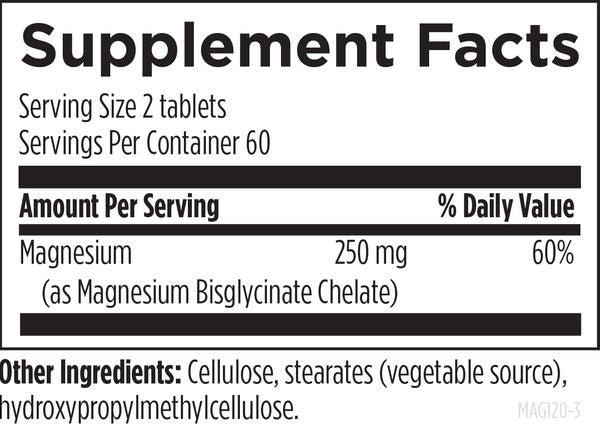 Magnesium Chelate 120 tablets supplement facts image