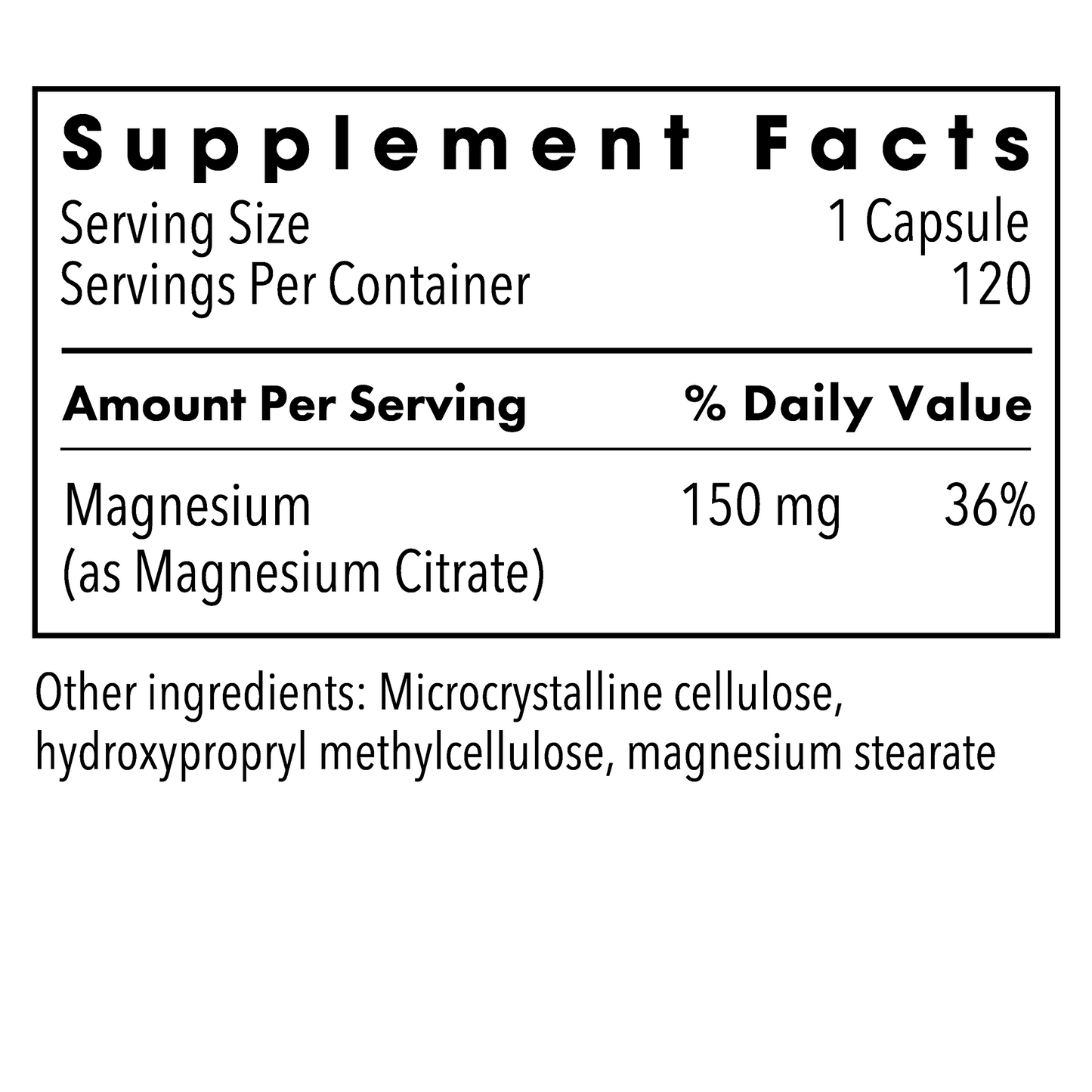 Supplement Facts label for Metabolic Maintenance Magnesium Citrate showing 150 mg magnesium per serving