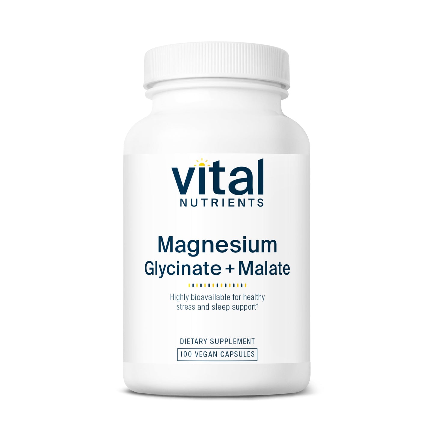 A white bottle labeled "Vital Nutrients Magnesium Glycinate + Malate," containing 100 vegan capsules for stress and sleep support.