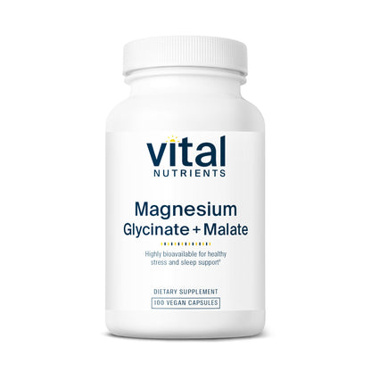 A white bottle labeled "Vital Nutrients Magnesium Glycinate + Malate," containing 100 vegan capsules for stress and sleep support.