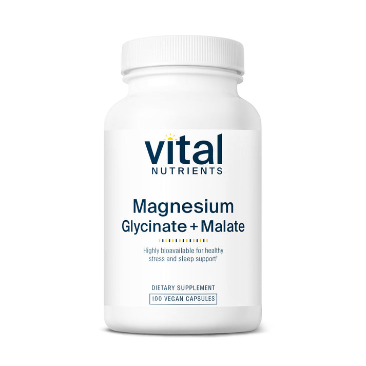 A white bottle labeled "Vital Nutrients Magnesium Glycinate + Malate," containing 100 vegan capsules for stress and sleep support.