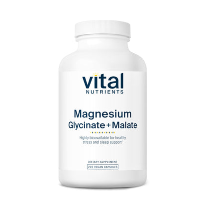 A white bottle labeled "Vital Nutrients Magnesium Glycinate + Malate," containing 200 vegan capsules for stress and sleep support.