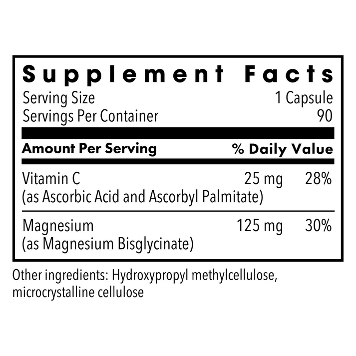 Supplement Facts panel for Magnesium Glycinate showing magnesium content and serving size