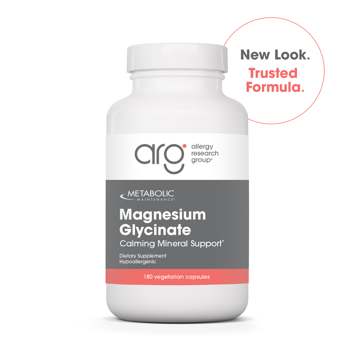 Metabolic Maintenance Magnesium Glycinate calming mineral support bottle, hypoallergenic magnesium bisglycinate supplement with 180 vegetarian capsules