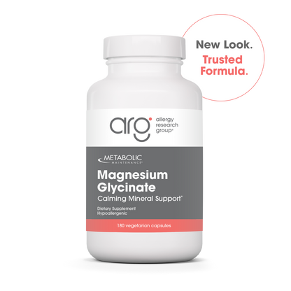 Metabolic Maintenance Magnesium Glycinate calming mineral support bottle, hypoallergenic magnesium bisglycinate supplement with 180 vegetarian capsules