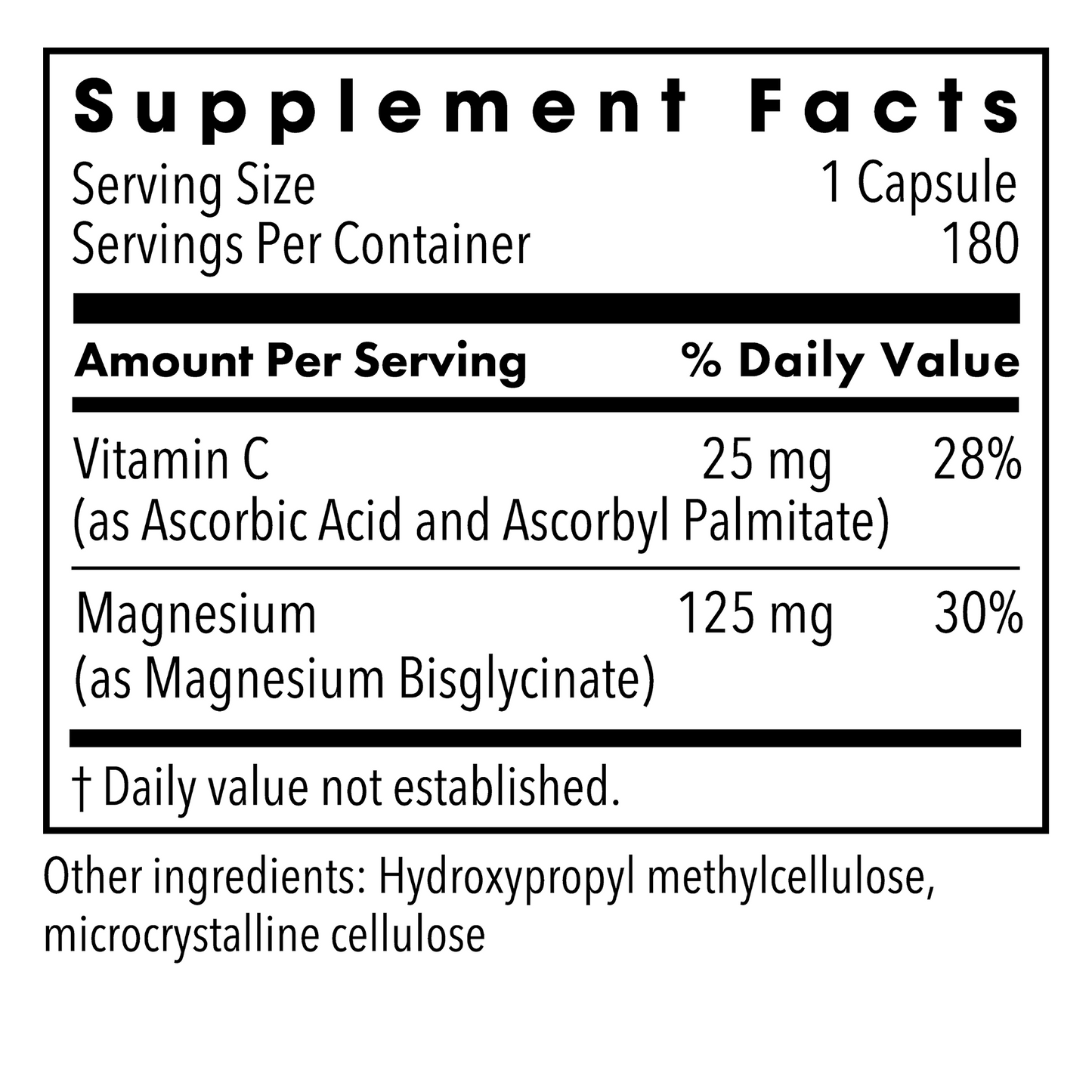 Magnesium Glycinate Supplement Facts panel showing 125 mg magnesium as magnesium bisglycinate plus 25 mg vitamin C per capsule