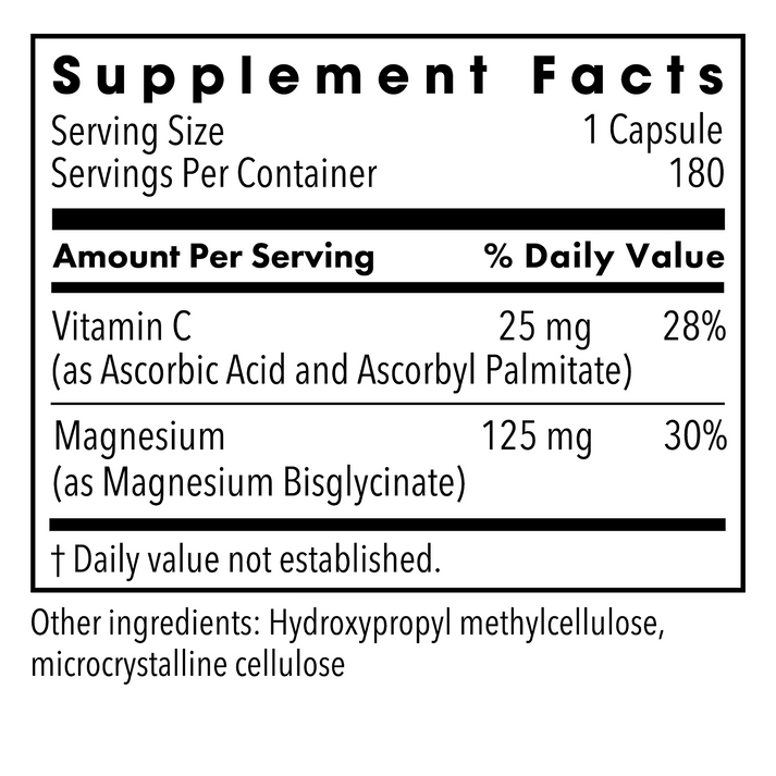 Magnesium Glycinate Supplement Facts panel showing 125 mg magnesium as magnesium bisglycinate plus 25 mg vitamin C per capsule