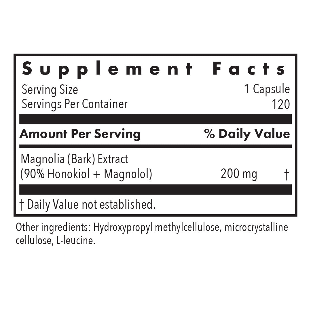 Supplement Facts panel for Magnolia Extract showing 200 mg magnolia bark extract standardized to 90 percent honokiol and magnolol