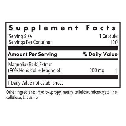 Supplement Facts panel for Magnolia Extract showing 200 mg magnolia bark extract standardized to 90 percent honokiol and magnolol