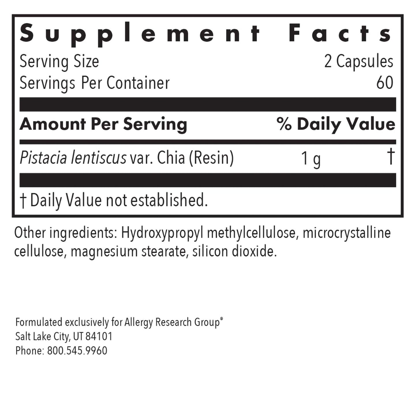Mastica® - supplement fact label with Pistacia lentischus var. Chia