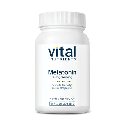 A white bottle labeled "Vital Nutrients Melatonin" with 10mg per serving, containing 60 vegan capsules.