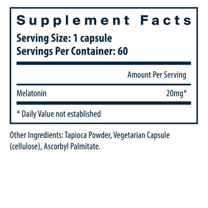 Vital Nutrients Melatonin 20mg/serving dietary supplement facts.