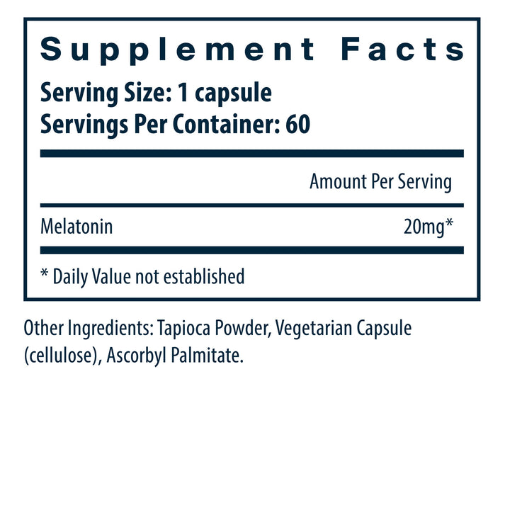 Vital Nutrients Melatonin 20mg/serving dietary supplement facts.