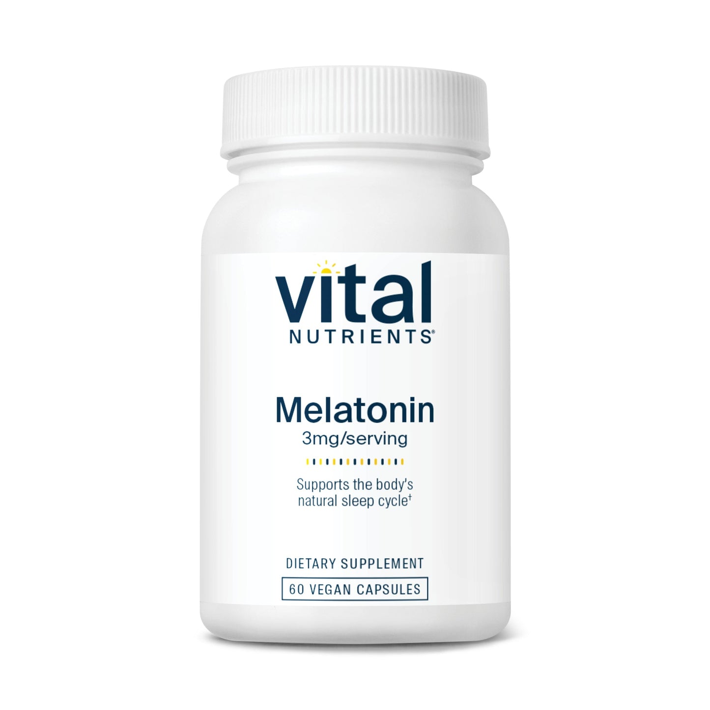 A white bottle labeled "Vital Nutrients Melatonin" with 3mg per serving, containing 60 vegan capsules. Supports natural sleep cycle.