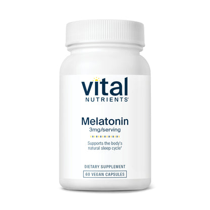 A white bottle labeled "Vital Nutrients Melatonin" with 3mg per serving, containing 60 vegan capsules. Supports natural sleep cycle.