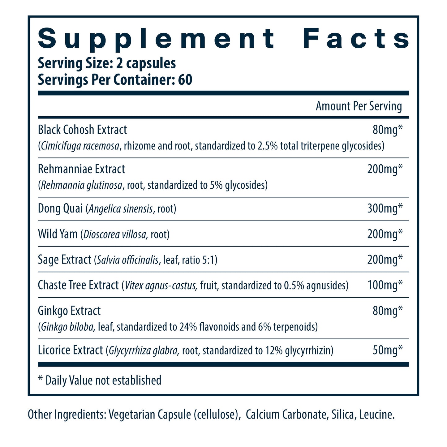 Vital Nutrients Menopause Support Supplement ingredients and supplement facts.