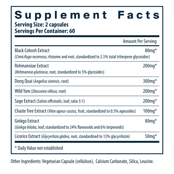 Vital Nutrients Menopause Support Supplement ingredients and supplement facts.