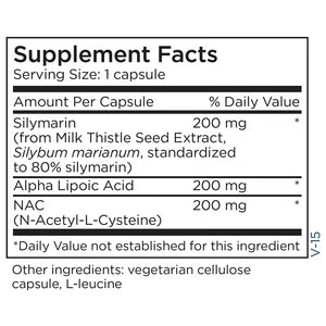 Supplement Facts panel for Metabolic Maintenance Metabolic Detox Capsules showing liver support nutrients and detoxification ingredients