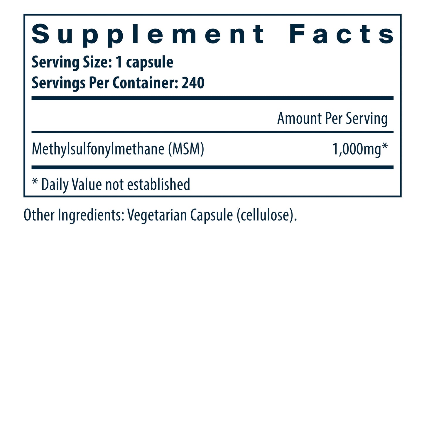 Vital Nutrients MSM dietary supplement facts.