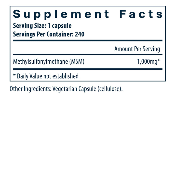 Vital Nutrients MSM dietary supplement facts.