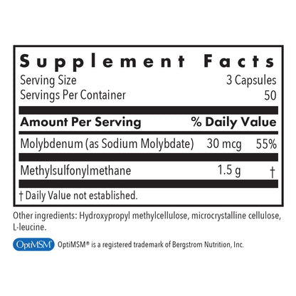 MSM 500 mg - supplement fact label with Molybdenum and Methylsulfonylmethane