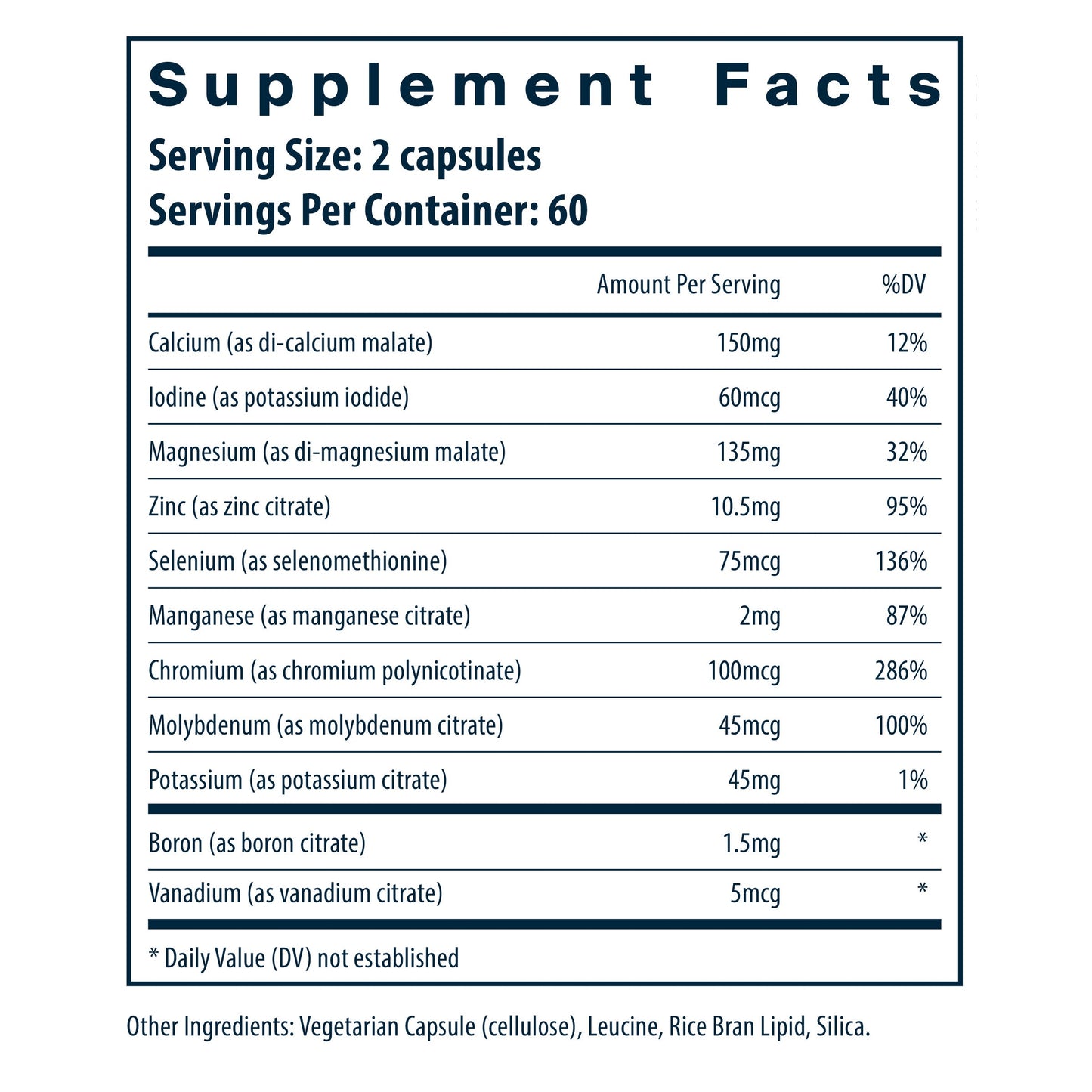 Vital Nutrients Multi-Minerals without copper and iron dietary supplement facts.