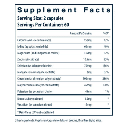Vital Nutrients Multi-Minerals without copper and iron dietary supplement facts.
