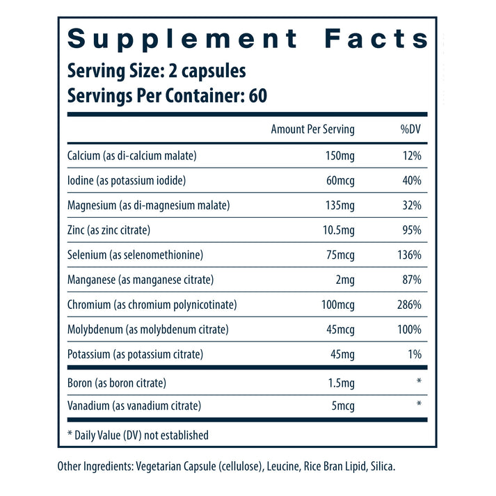 Vital Nutrients Multi-Minerals without copper and iron dietary supplement facts.
