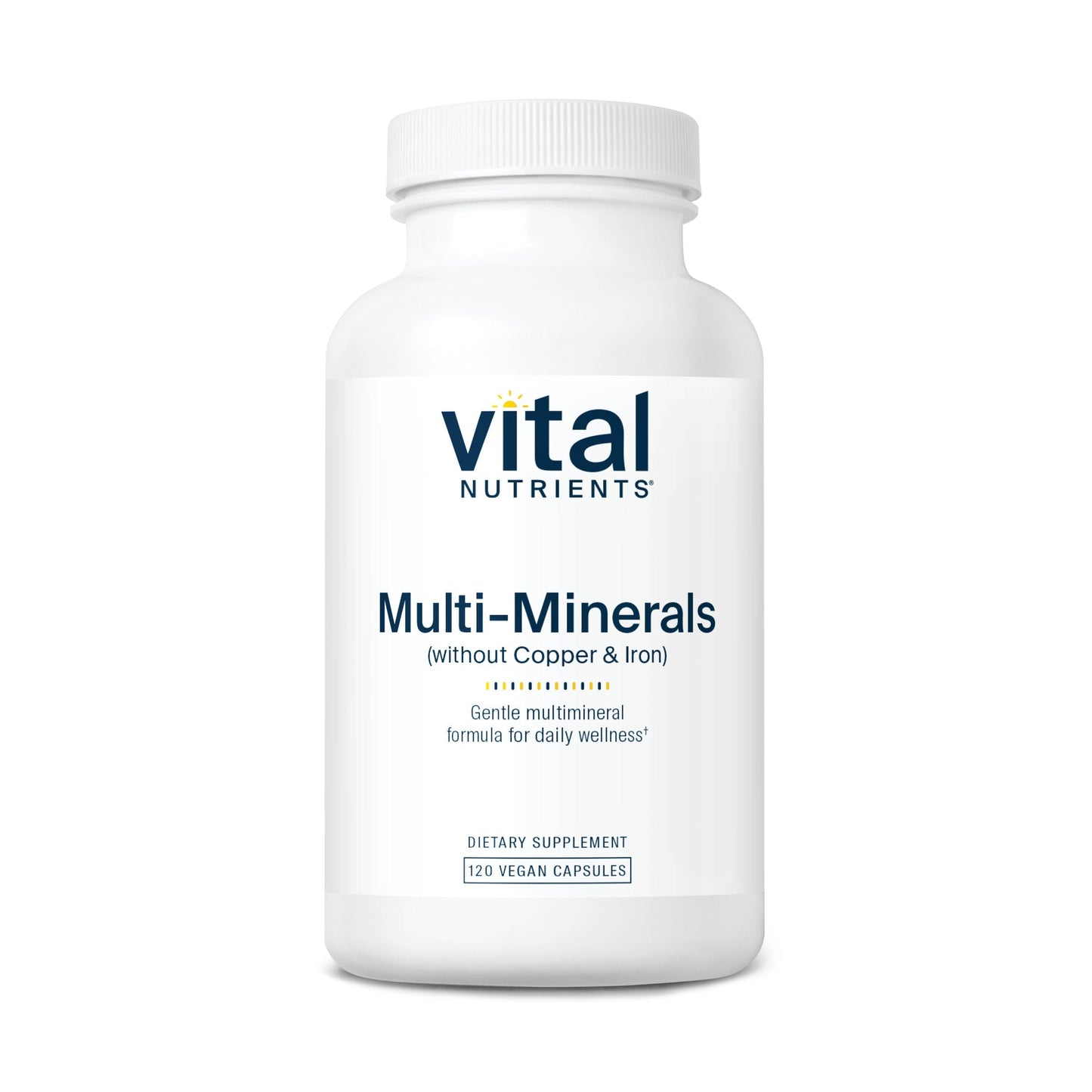 Vital Nutrients Multi-Minerals without copper and iron dietary supplement.