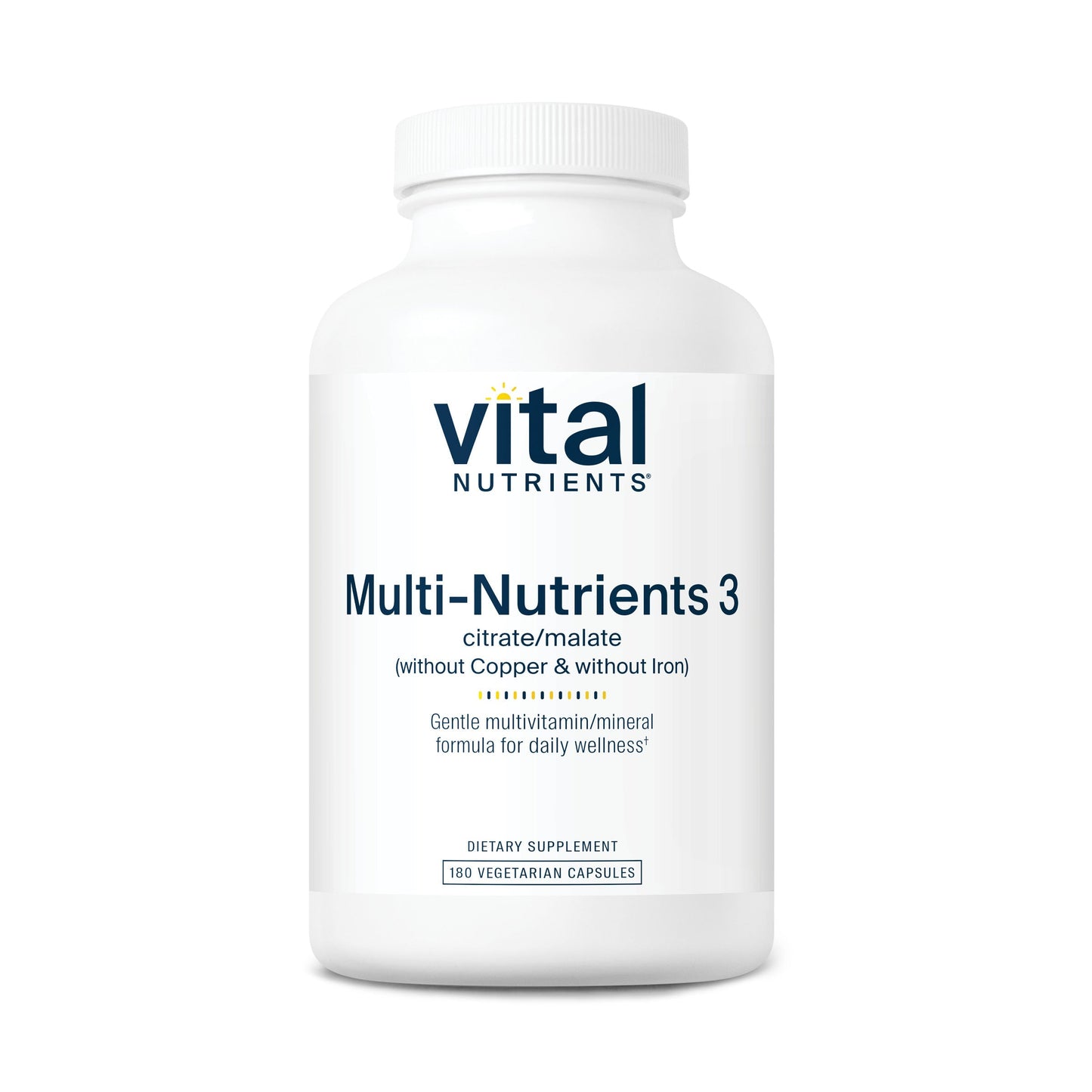 A white bottle labeled "Vital Nutrients Multi-Nutrients 3" with 180 vegetarian capsules, indicating it's a dietary supplement.
